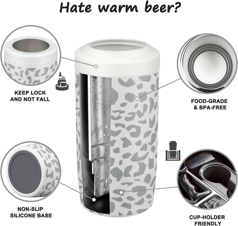 ITSLIFE 4-in-1 Slim Can Cooler Easy to Hold Insulated Beer Can Holder Double-walled Stainless Steel for All 12 Oz Cans Gift (White Leopard) - Image 4